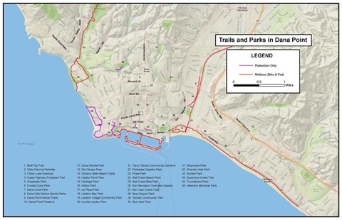 A map of all the park trails located in Dana Point