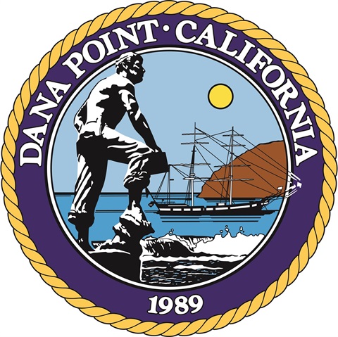 The Dana Point City Logo with a statue of Henry Dana and a ship behind